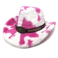 Dettaglio cappello cowboy in peluche rosa maculato con cinturino e fibbia a toro in metallo - M（56-58cm） / Parte Superiore a Cuore / Rosso rosa