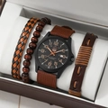 Detail view of men's watch and beaded bracelet set in a gift box on a white cushion - Brown Canvas Set (Watch And Bracelets)