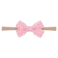 Pink lace bow baby headband on a beige elastic nylon strap over white background - Pink (11)