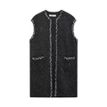 Ärmelloses Damen Tweed-Minikleid mit Pailletten, Fransenbesatz und klassischem Rundhals - S / Schwarz