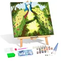 DIY diamond painting kit with two peacocks on canvas including a wooden easel and tools - YTH-03