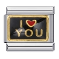 Italian charm link in stainless steel with gold I Love You lettering and a red heart - Black I Love You (ICJ075-1)