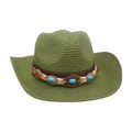 Sombrero de vaquero de paja verde hierba con banda de cuero y gemas turquesas - Verde Militar
