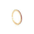 Detail of minimalist gold open ring featuring micro-set small red zircon stones - Adjustable Open / Rose Red
