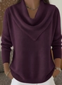 Elegant deep purple long sleeve knit sweater with a draped cowl neck and ribbed cuffs - 3XL / Dark Purple