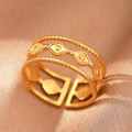 Detail of bohemian gold triple-layer open ring featuring twisted rope and geometric eye icons - Gold Triple Eye (C1477)