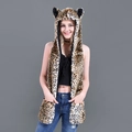 Three-in-one leopard print faux fur hooded scarf with integrated mittens and earflaps - Shed-Free Small Leopard Print