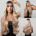 26-inch ombre blonde long wavy wig with bangs in a professional multi-angle display - Black Grey Ombre Gold