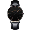 Minimalist all-black quartz watch with orange hour markers and black leather strap - Leather Strap Black Case Rose Gold Hands