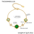 Gold stainless steel bracelet with green glass stone and flower zircon cluster - 16+5cm / Green Zirconia Bracelet
