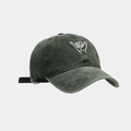 Close-up of vintage washed canvas material with white Shaka embroidery on grey baseball cap - Adjustable / Army Green