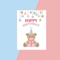 Linda tarjeta de cumpleaños blanca con un oso de dibujos animados y un regalo - S604-10 Feliz Cumpleaños Oso de Dibujos Animados