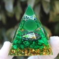 Green crystal resin pyramid with gold flakes and rune symbol for office desk decor - Green Cat Eye Hexagram / Small