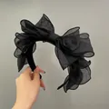 Diadema vintage francesa con lazo grande de malla negra multicapa para mujer - Negro