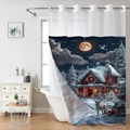 Detail eines Waffel-Duschvorhangs mit gemütlicher Winternacht und verschneiter Hütte - 181cmx188cm / Winternacht Rentier (25SD-2)