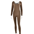 Front view of brown high elastic long sleeve bodysuit on mannequin with U-neck detail - S / Khaki