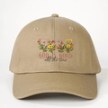 Khaki cotton baseball cap featuring floral embroidery and God Is Good motivational slogan - One Size / Dark Khaki