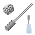 Macro detail of cylindrical nail drill bit with silver alloy cross-cut texture and base - Silver Nail Drill Bit 04F
