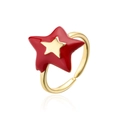 Detail of red enamel double-layer star ring in 18K gold plated open adjustable design - Adjustable Open / Red