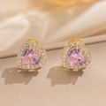 Boucles d'oreilles cœur dorées avec zircon rose et pavé de cristaux étincelants - Boucles d'Oreilles Clous Coeur Zircon Rose (8852)
