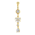 Golden flower belly ring with zircon crystals and a pear-shaped drop pendant - Style 29