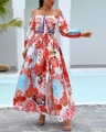 Floral print off-the-shoulder maxi dress with long sleeves and a slit hem for summer - S / Floral Red