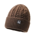 Brown knitted beanie with chunky cable texture and woven label for winter warmth - Deep Beige