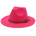 Detail of fuchsia wool fedora hat featuring a brown leather band with silver metal studs - Rose Red (2 Studs)