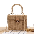 Straw square box handbag with golden chain strap and top handle in natural beige - Camel