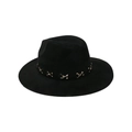 Close-up of black suede fedora featuring vintage metal cross buckle decorative band - M (56-58cm) / Black
