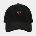 Close-up of red heart embroidery on black corduroy baseball cap texture - Adjustable / Black