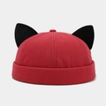 Detail of red Miki hat with black cat ears and high-quality canvas stitching texture - Adjustable / Dark Red
