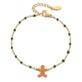 Dettaglio del bracciale a catena d'oro in acciaio inossidabile con perle verdi e omino di pan - Verde