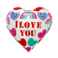 18-inch heart-shaped foil balloon with rainbow smiley faces and I Love You text - 18 Inch Heart English Valentine Note TX072