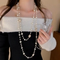 Long multi-layer necklace with white round pearls and vintage golden embossed charms - Gold Oval Rhinestone Round Pearl Oversized Necklace