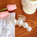 Elegant large hair claw clip with white pearls on a transparent resin base for women - No. 1 Five Pearls Large 10.2cm