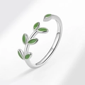 Vintage silver adjustable ring with green enamel cloisonne leaves in a classic style - Silver Green Leaf Style (AJ775)