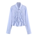 Light blue long sleeve poplin shirt with elegant front ruching and classic button-down collar - S / Sky Blue
