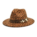 Fashionable leopard print wool fedora with pearls and gold beads on a wide brim felt hat - M(56-58cm) / Khaki