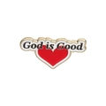 Red heart enamel brooch featuring golden God is Good text in a minimalist geometric style - Red Heart Text