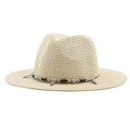 Bohemian style straw jazz sun hat with turquoise beads and feather pendant for beach - Beige