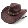 Classic dark brown suede cowboy hat with vintage leather belt and metal bull head buckle - M (56-58cm) / Chestnut