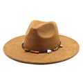 Cappello fedora a tesa larga in camoscio con cinturino decorato in pietre naturali - M (56-59cm) / Cachi