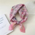 Pink floral cotton linen square scarf tied in a knot with a soft artistic style - 58*58cm / 17 Stripe Base-Cauliflower Pink