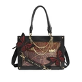 Gothic style black Boston tote bag featuring red butterfly appliques and gold chains - Flame Red Butterfly