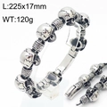 Silver punk skull stainless steel bracelet with carved beads and fold-over clasp - Style A / Steel