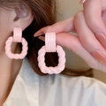 Pink twisted acrylic geometric square stud earrings on female model with soft lighting - 21# Pink Irregular Twisted Square Stud Earrings (Silver Pin)