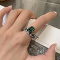 Anillo vintage de plata 925 con gema verde corte esmeralda y diseño de cadena gruesa - Cadena gruesa de plata oxidada con piedra preciosa verde cuadrada (J1248) / Abierto Ajustable