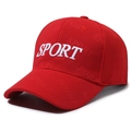 Red baseball cap with white SPORT embroidery and embossed letters in diagonal view - Adjustable / Red
