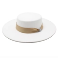Close-up of white felt boater hat with champagne ribbon and rhinestone buckle detail - M (56-58cm) / White